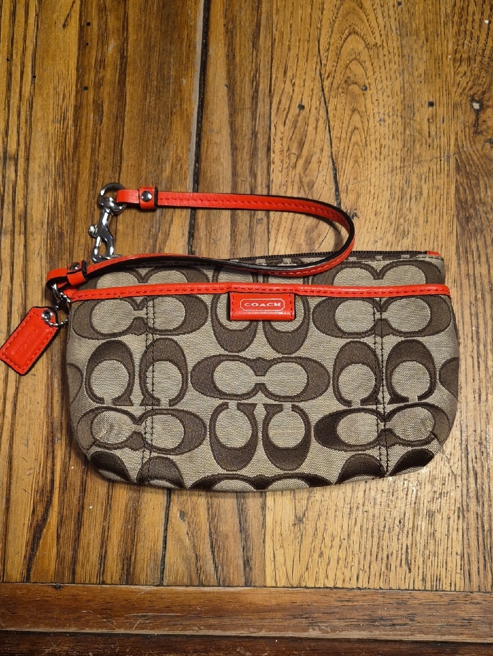 Coach Brown Signature Wristlet with Orange Trim